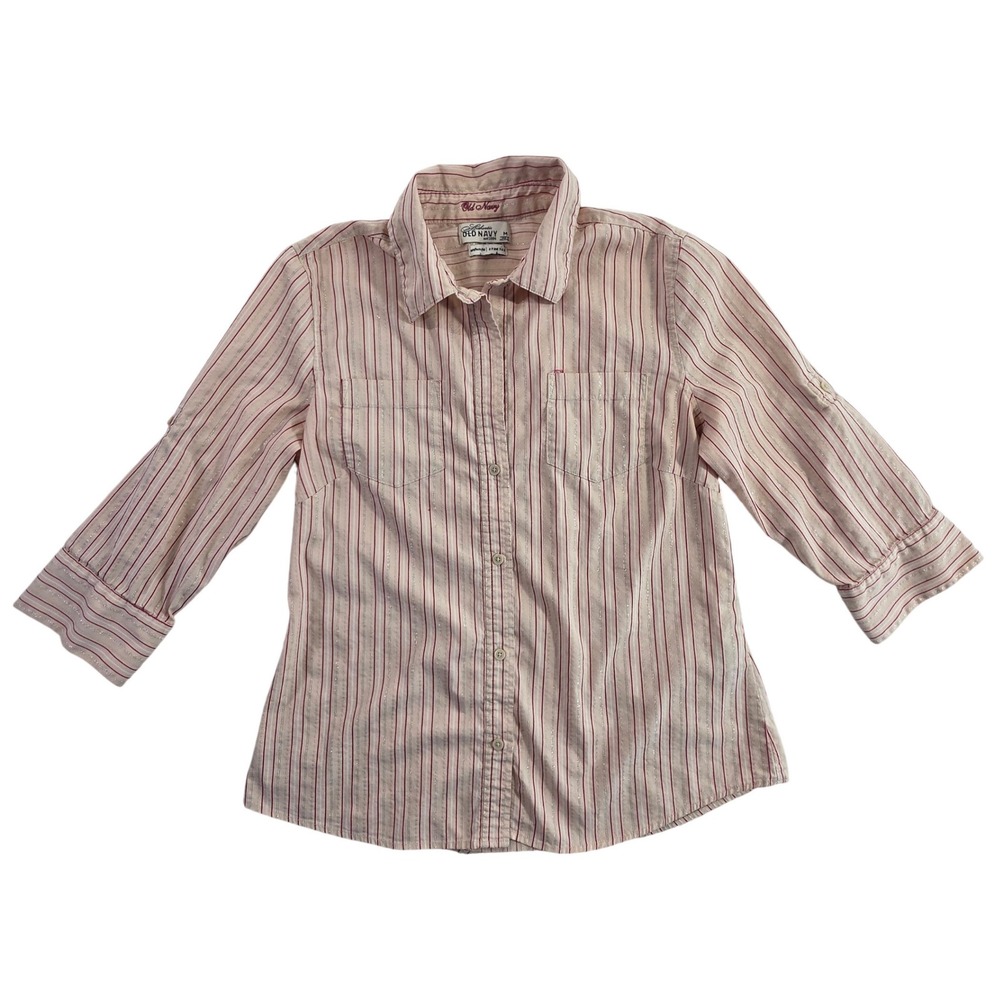 Old Navy Womens Pink Striped Metallic Button Down Shirt 3/4 Sleeve Size Medium